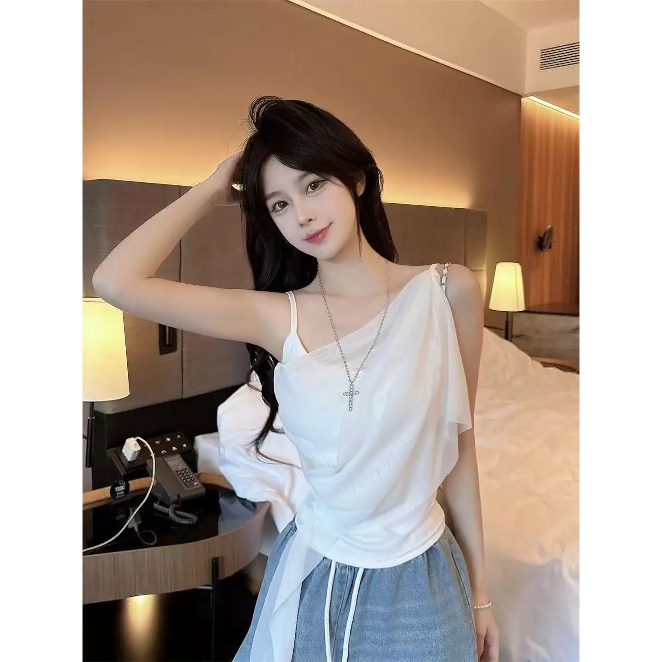 Pure Desire Irregular Shoulder Strap Vest Women Summer Design Sensual Mesh Tank Top with Chest Pad Korean Style Elastic Short...
