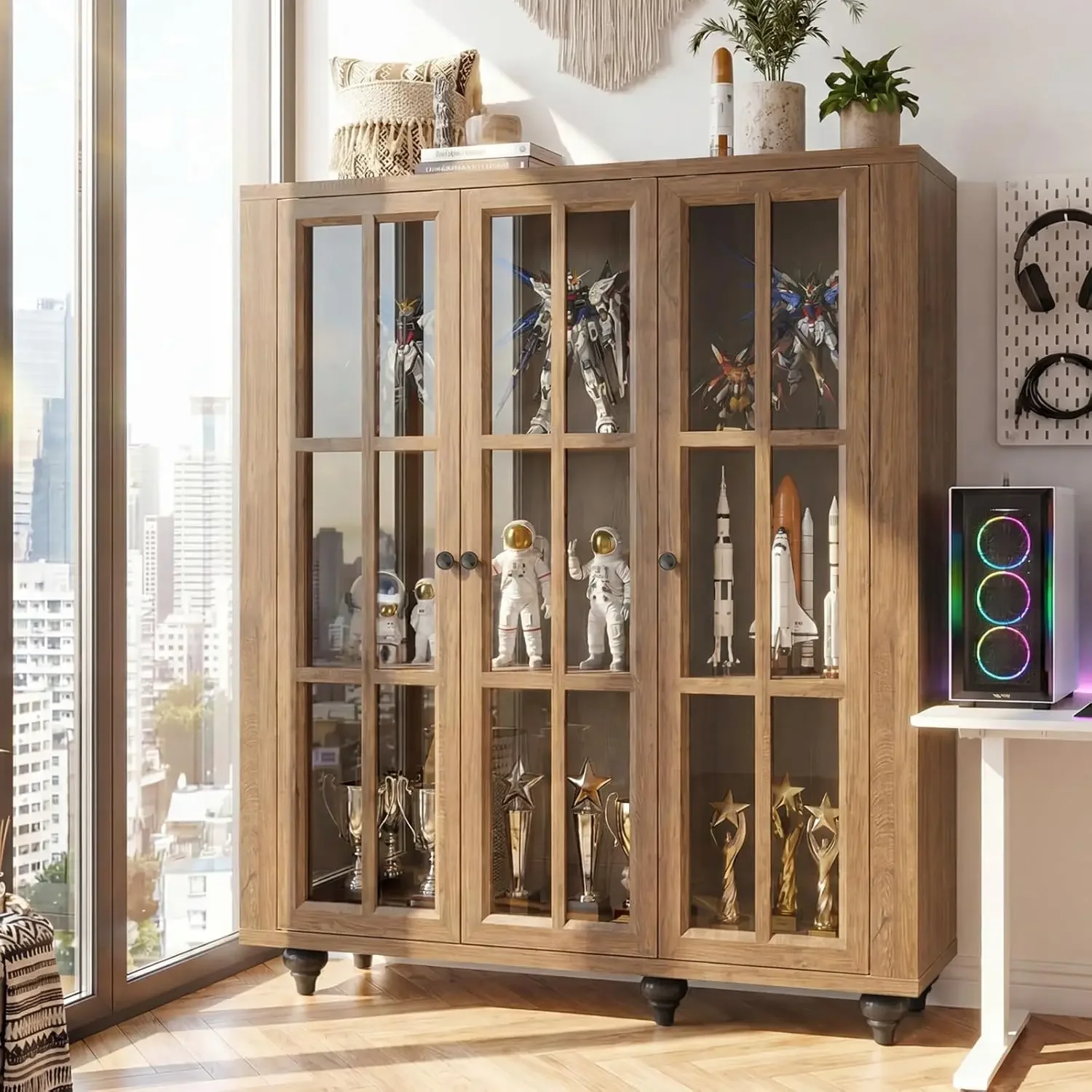 51“ Glass Display Cabinet, Curio Display Cabinet with 3 Glass Doors & Movable Shelves, China Cabinet Cedenza Storage Cabinet Boo