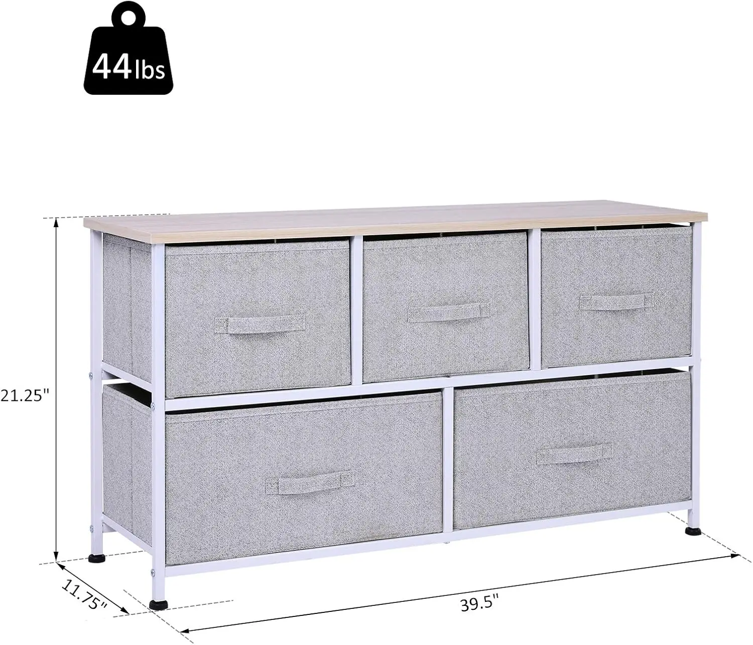 

40"" L 5 Drawer Horizontal Storage Cube Dresser Unit Bedroom Organizer Living Room Shelf Tower With Fabric Bins, Light Gray