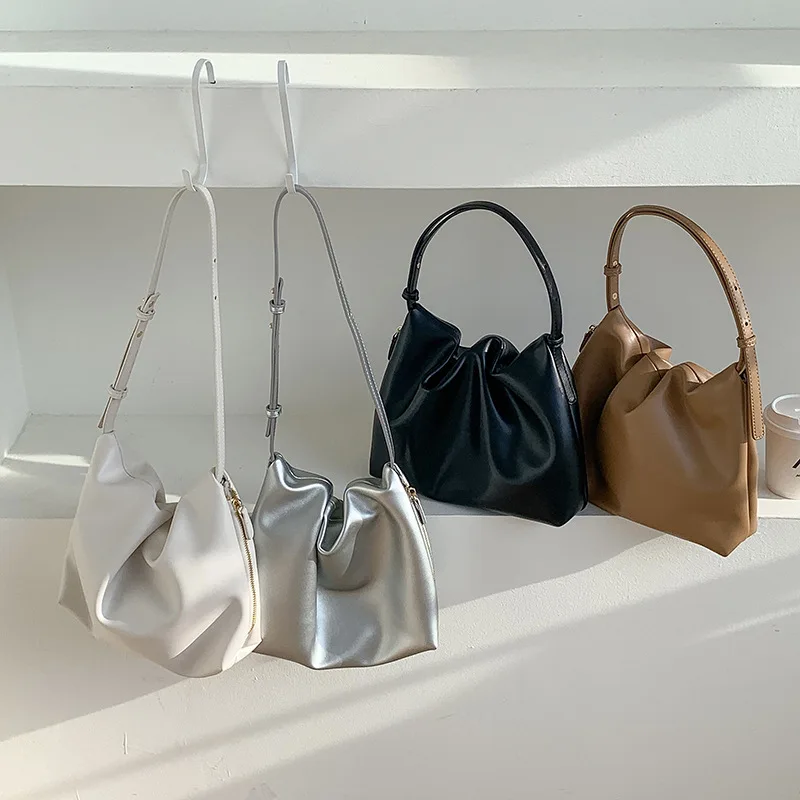 

Women's Shoulder Bags New Korean Solid Color Simple Wrinkle Fashionable Versatile Tote Bags Commuter Large Capacity Handbags