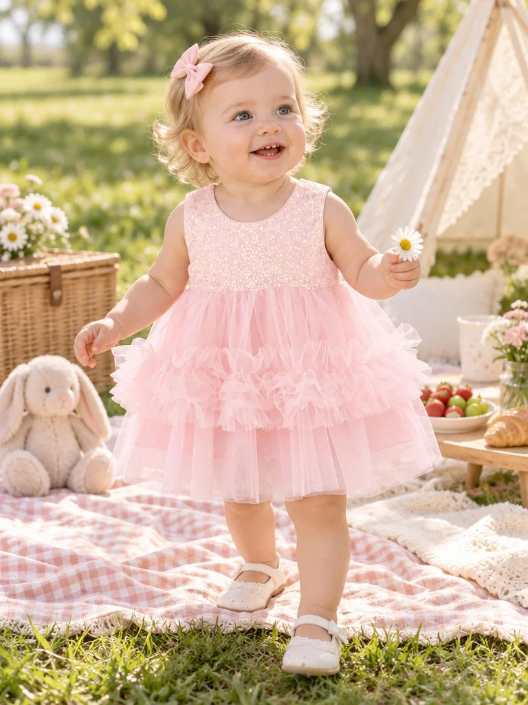 Children Christening Outfit Summer Newborn Baptism Birthday Party Baby Girl Mesh Dress Sequin Elegant Toddler Princess Dresses