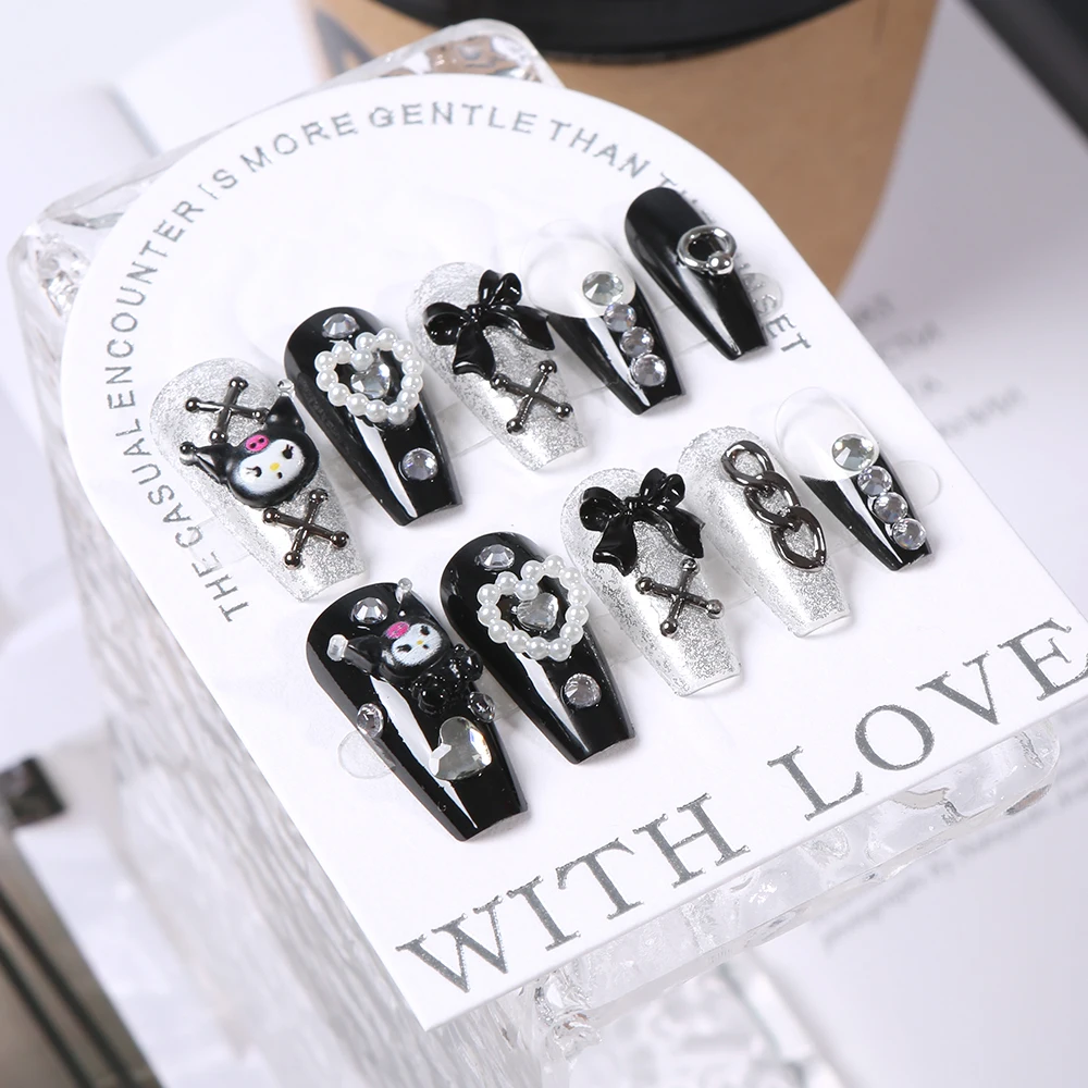 24Pcs 3D kuromi press on nails Y2K Cartoon Handmade Fake Nails Black Gel nail Wearable Nails Cinnamoroll Melody Anime False Nail