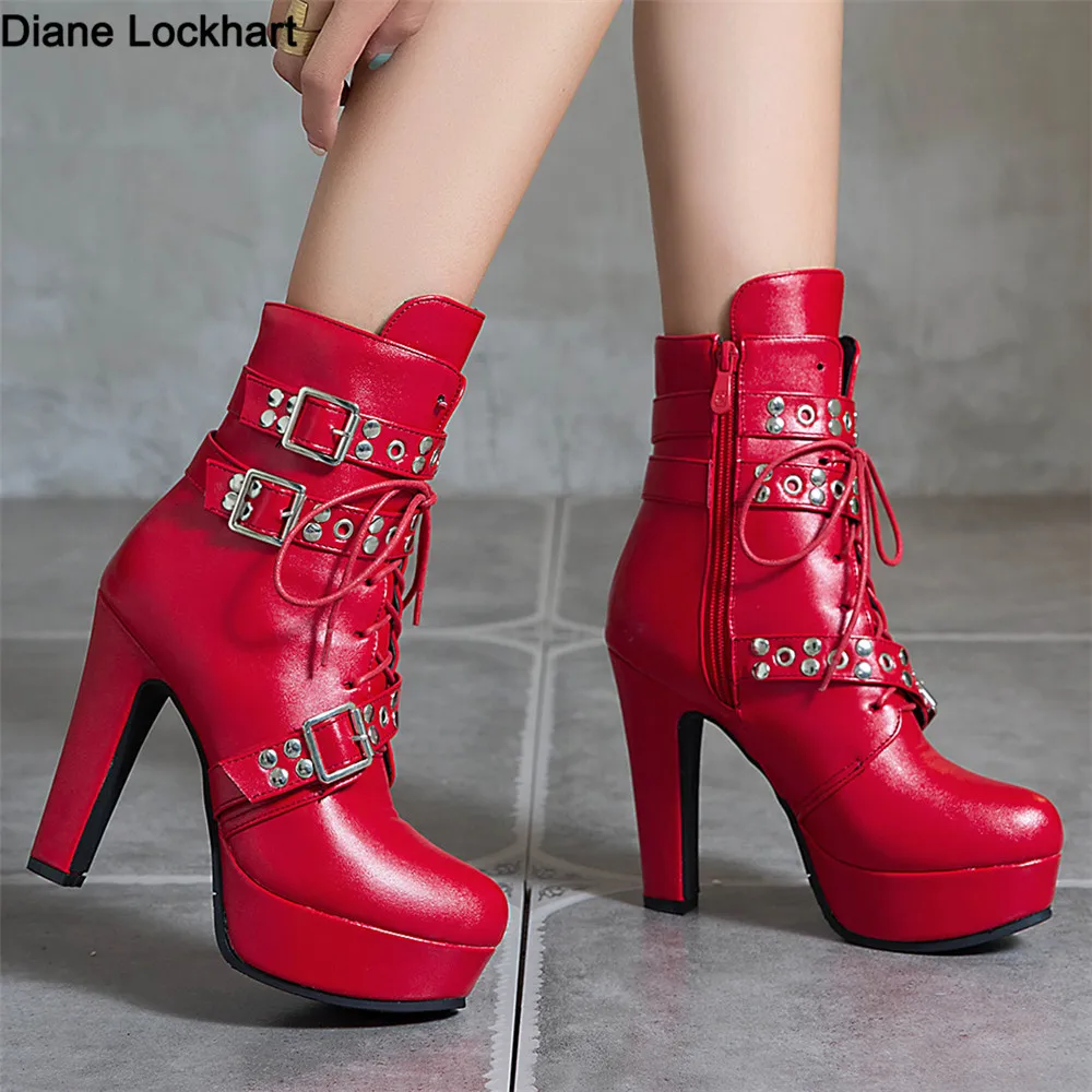 New Vintage Ladies Mid-calf Boots Chunky Heels Belt Buckle Boots Pointed Toe Rivet Booties Women Goth punk Party Woman Shoes 41