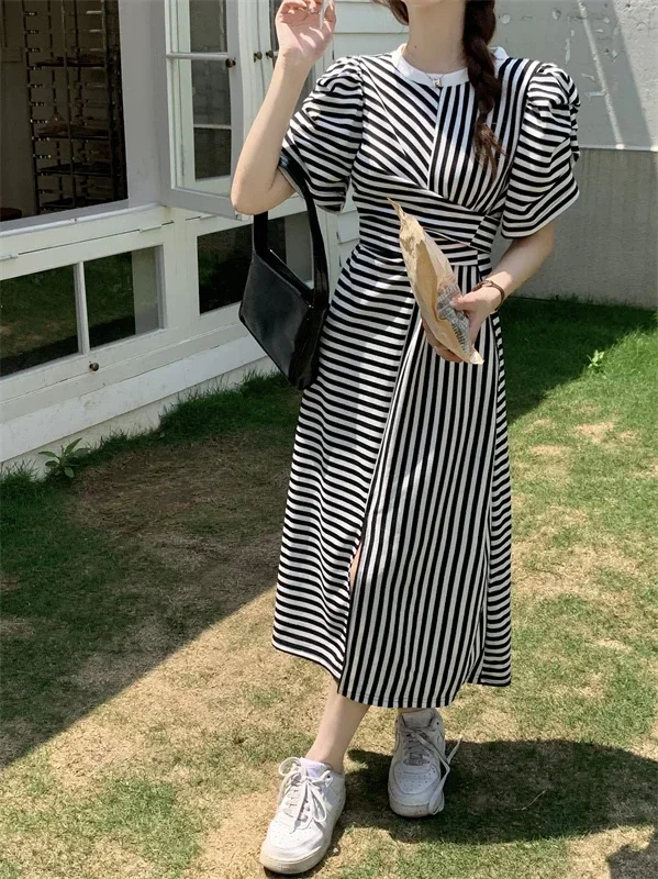 Gaganight Women Celebrity Stripe O neck Long Dress Women Summer New Slim Waist Mid Length Split Dresses Female Vestidos