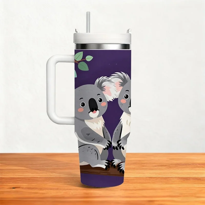 Cute Koala Eucalyptus Tree Digital Print Stainless Steel Tumbler, 40Oz Insulated Beverage Cup, Portable Drink Holder for Daily Use And Outdoor Commuting