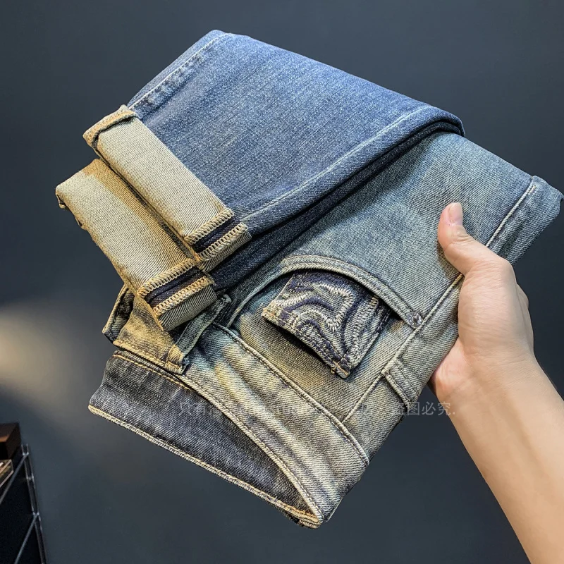 Jeans skinny high-end masculino, calças de harém, camada gradiente, jeans lavado, calças finas bordadas, na moda, outono, novo, 2024