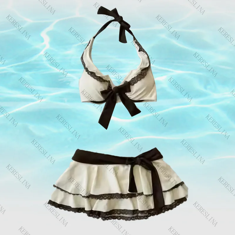 ชุดบิกินี่ผู้หญิงสไตล์ Y2K สำหรับฤดูร้อน น่ารักแบบเรโทร สตรีทแวร์ ฮาราจูกุ สวยงามสไตล์ยุค 2000 แฟชั่นลำลอง น่ารัก ผูกโบว์ กระโปรงผู้หญิงแบบใหม่