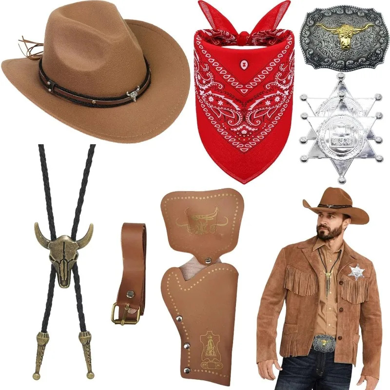 Set de 8 Accesorios para Disfraz de Vaquero, Kit de Disfraz de Sheriff del Oeste para Hombres Adultos, Fiesta de Rodeo, Halloween
