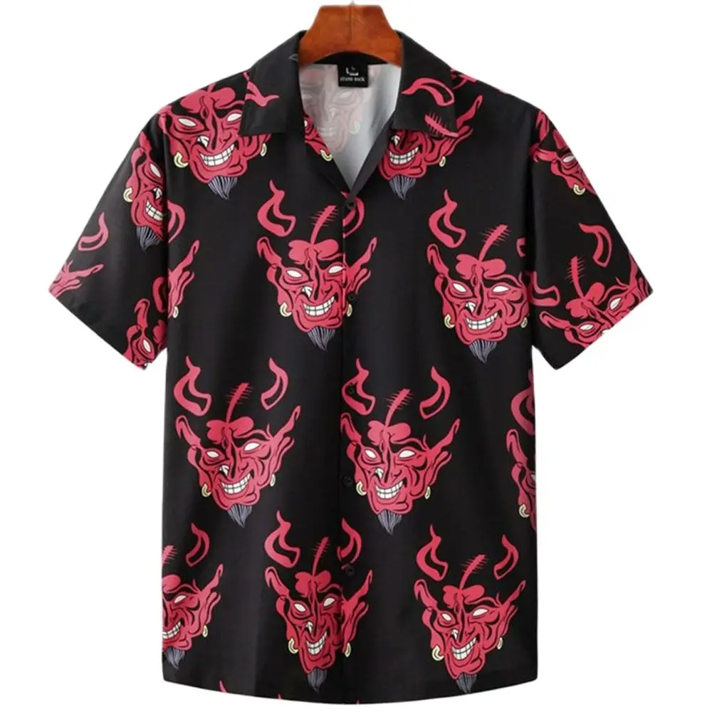 Men\'s Vintage Devil Print Shirt Fashion Single Breasted Short Sleeve Loose Anime Pattern Shirt Men\'s Beach Top