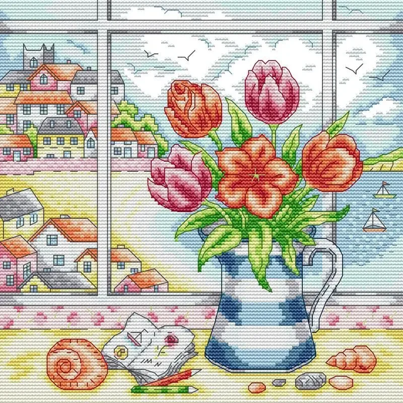 Vase on windowsill Flower Patterns Cross Stitch Kits DIY Handmade Needlework 14 16 11ct Counted Canvas Printed Cloth Embroidery