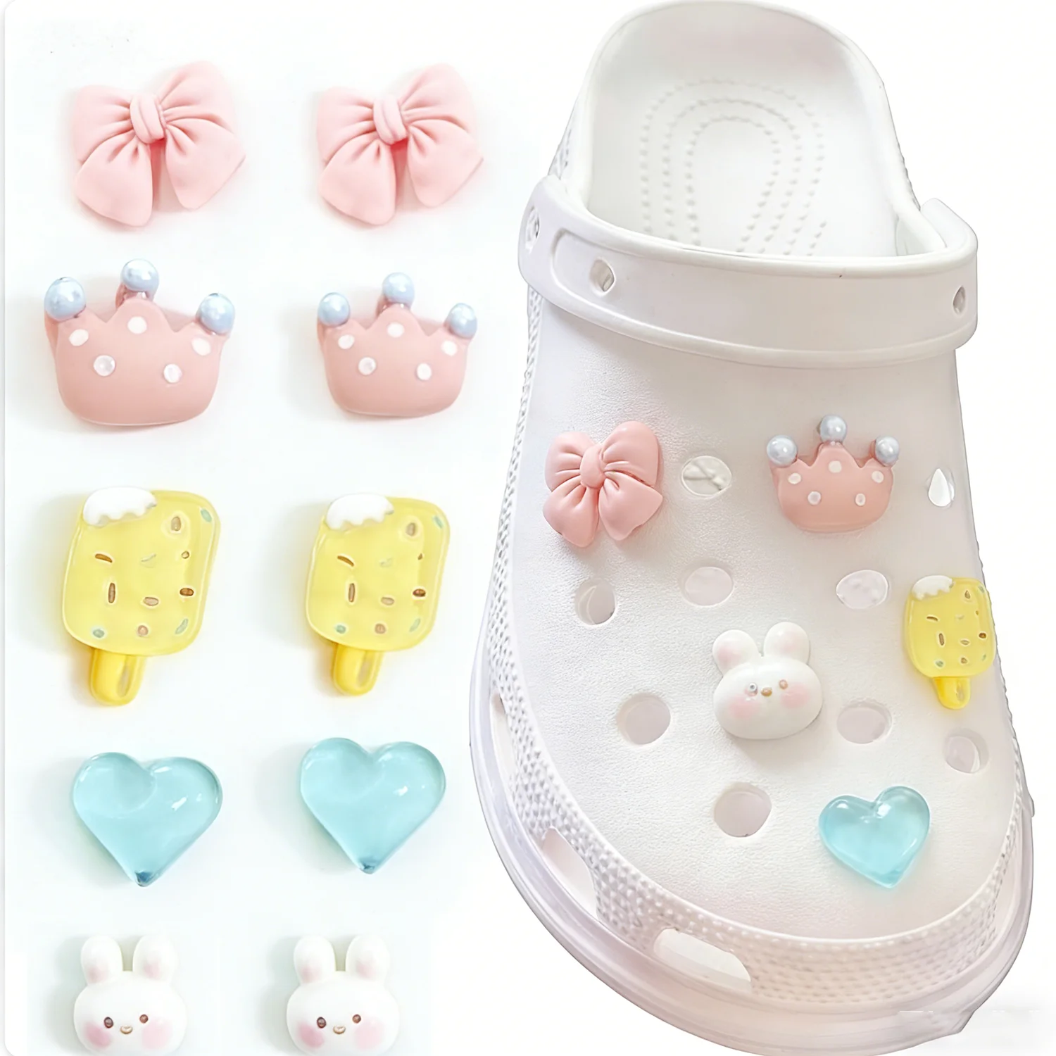 Kawaii Pastel Croc Charms Set Cute Bunny Bow Ice Cream Heart Shoe Charms Sweet Aesthetic Decor for Crocs Sandals Women Girls