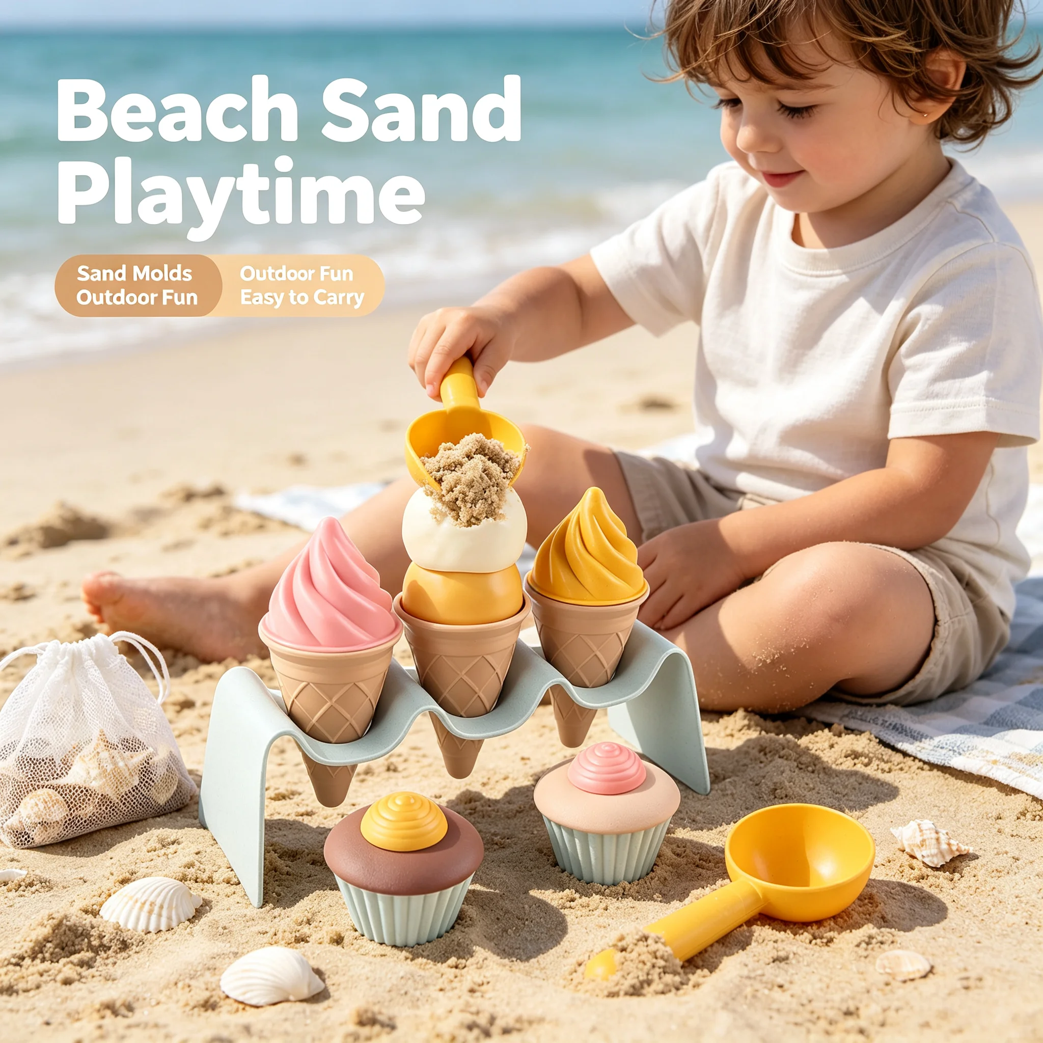 Kids Wheat Straw Ice Cream Beach Toy ,Sand & Clay Mold,Pretend Play House Set, Toddler Sensory Food Play Gift Boys Girlset