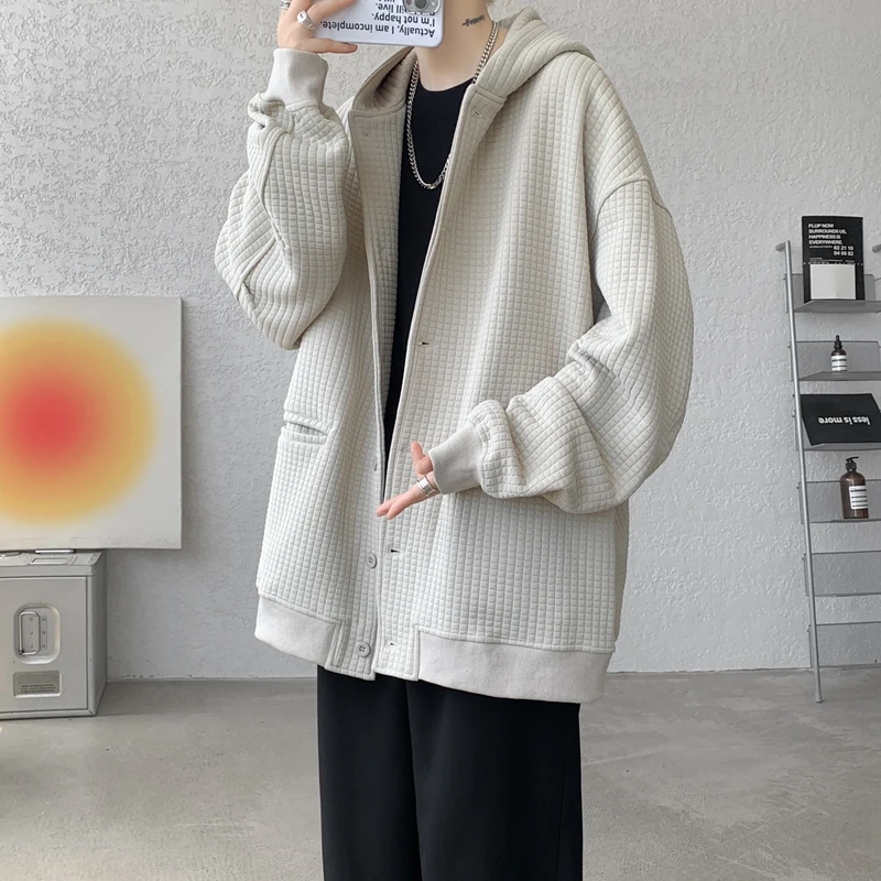 Japanese Cardigan Waffle Jacket Autumn Retro Heavyweight Large Size Jacket Loose Casual Hooded Sweater Women Men Clothing