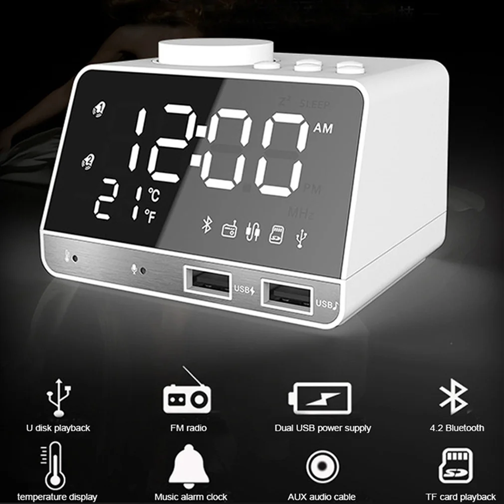 2024 Hot K11 Alarm Clock Speaker With 2 USB Ports Bluetooth-compatible 4.2 Radio LED Digital Alarm Clock Home Decor Table Clock