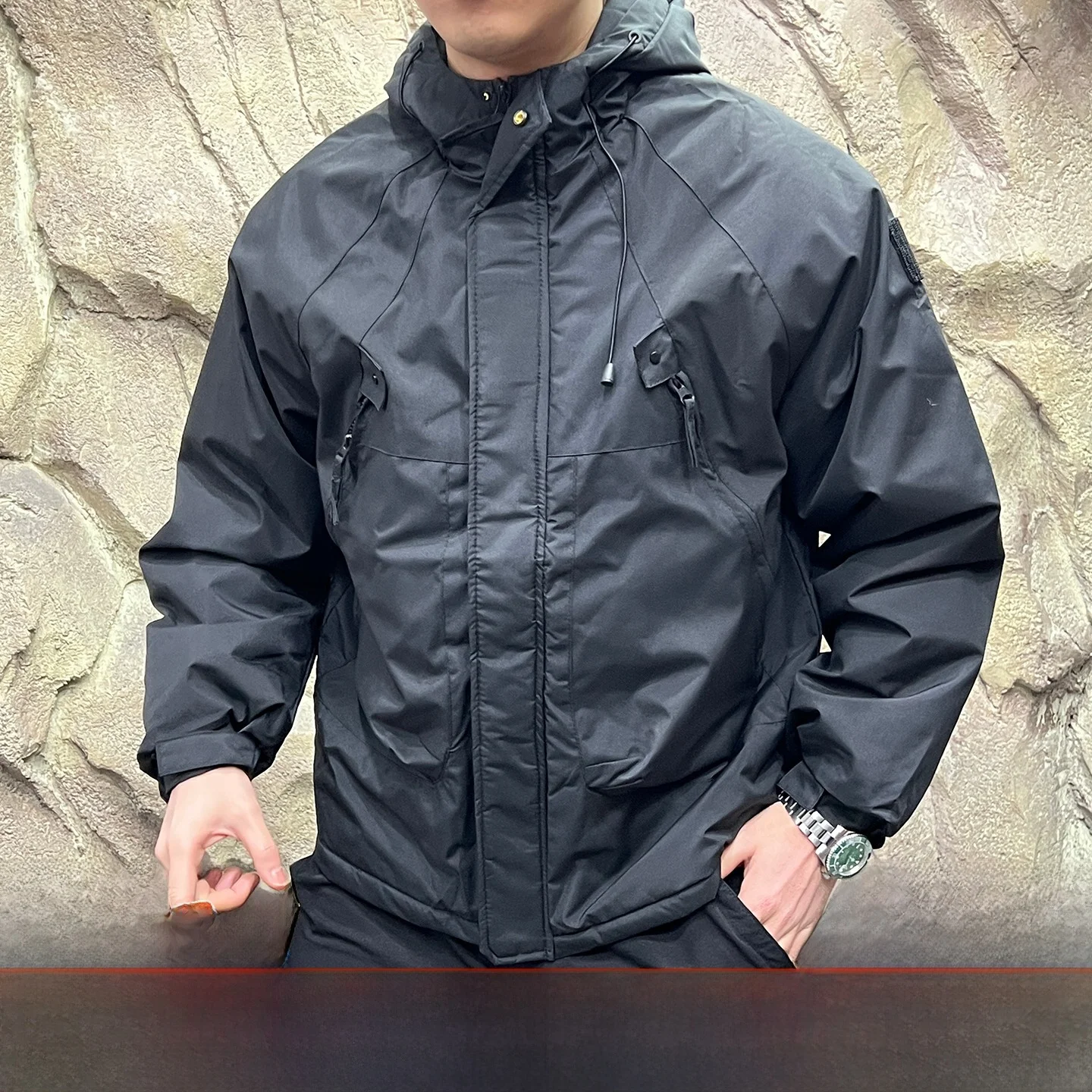 

Men's Thiened Warmth Bla Gold aphene Lined Windproof Autumn Winter Cotton Workwear Jaet Stand Fit Hooded Long Sve