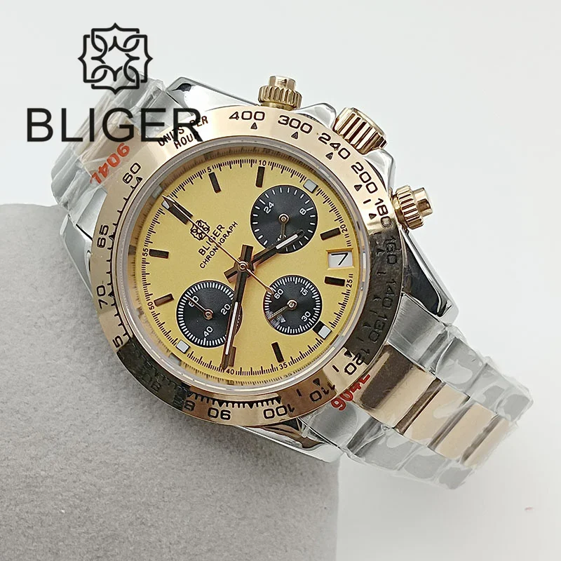 BLIGER 39mm Luxury Fashion Men Watch VK63 Movement Quartz Chronograph Rose Gold Case Bracelet Sapphire Glass Yellow Dial Reloj