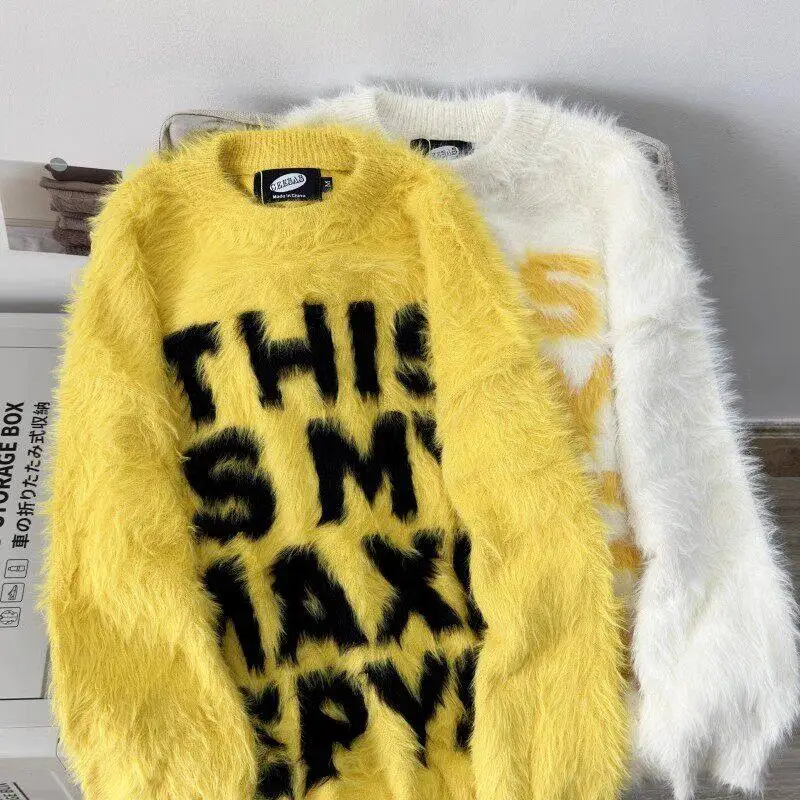 

American High Street Letter Mink Fur Lazy Sle Men's Autumn Winter Trendy Loose Knitted Sweater Coat Casual Youth Warmth