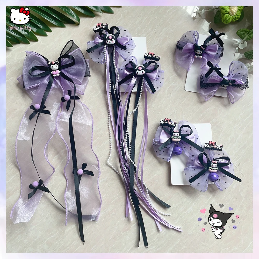 

Girls Kuromi Hairpin Hair Band Kawaii Sanrios Hand Made Black Purple Lolita Hair Accessories Cartoon Jk Bow Hairpin Headdress
