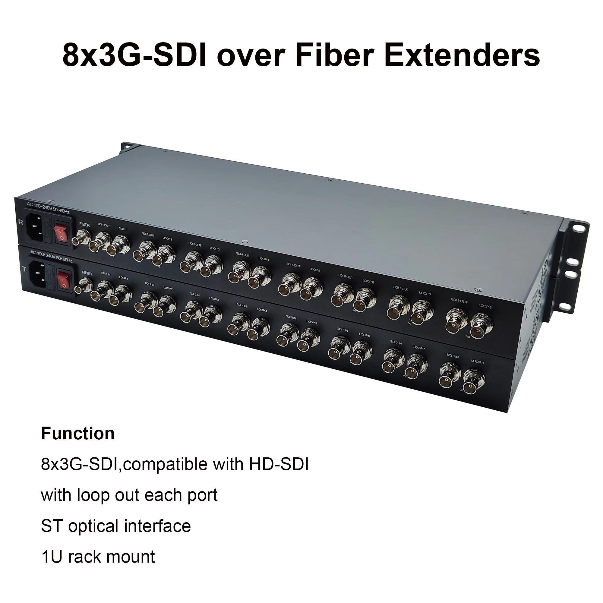 

8 Port 3G-SDI Fiber Optic Media Converters with Loop out ST optical module Uncompressed HD Video Audio optical transceiver 1Pair