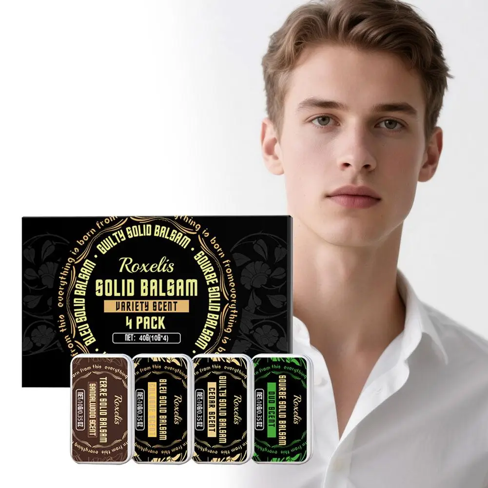 

4 Pack 10g Men's Solid Balm Set Box Variety Scent Solid Balsam Oud Cedar Sandalwood Scent Lasting Male Fragrance Portable Balm