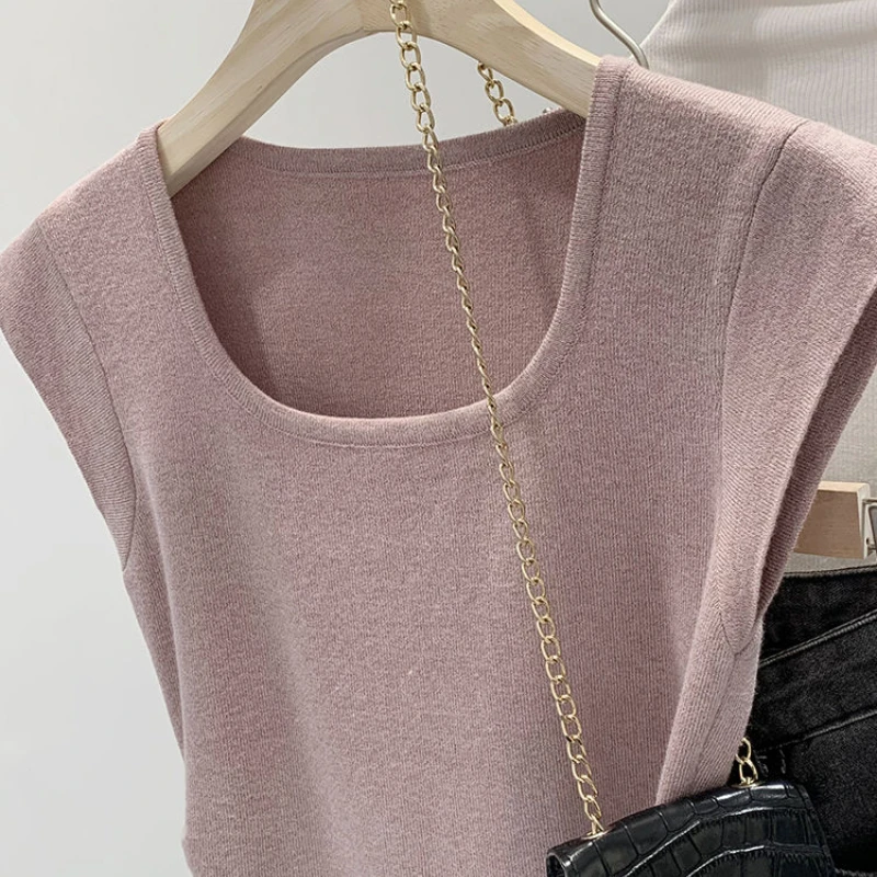 الحلو محبوك تي شيرت للنساء المشارب ساحة الرقبة الكورية موضة تي شيرت الربيع الصيف أساسيات بسيطة Ropa De Mujer