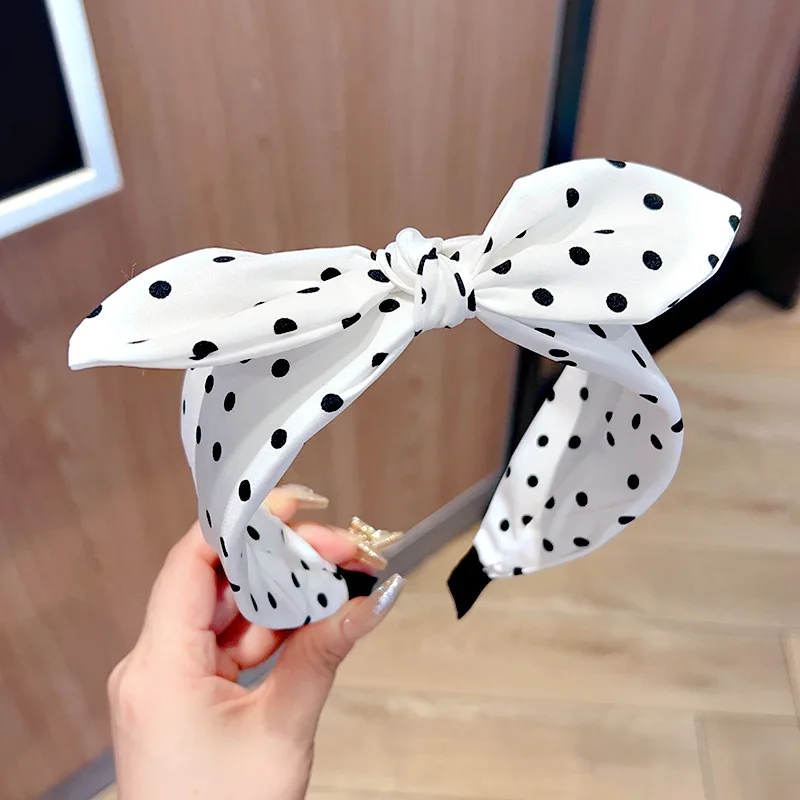 Effen kleur stof Polka Dot Bow hoofdband voor kinderen Elegant temperament Brede hoofdband Mode meisje make-up haarband - afbeelding 1