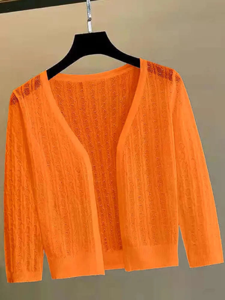 2024 Summer Shawl Ultra Thin Cardigan Short Knitted Shirt Hollow Ice Silk Women\'s Sunscreen Clothing