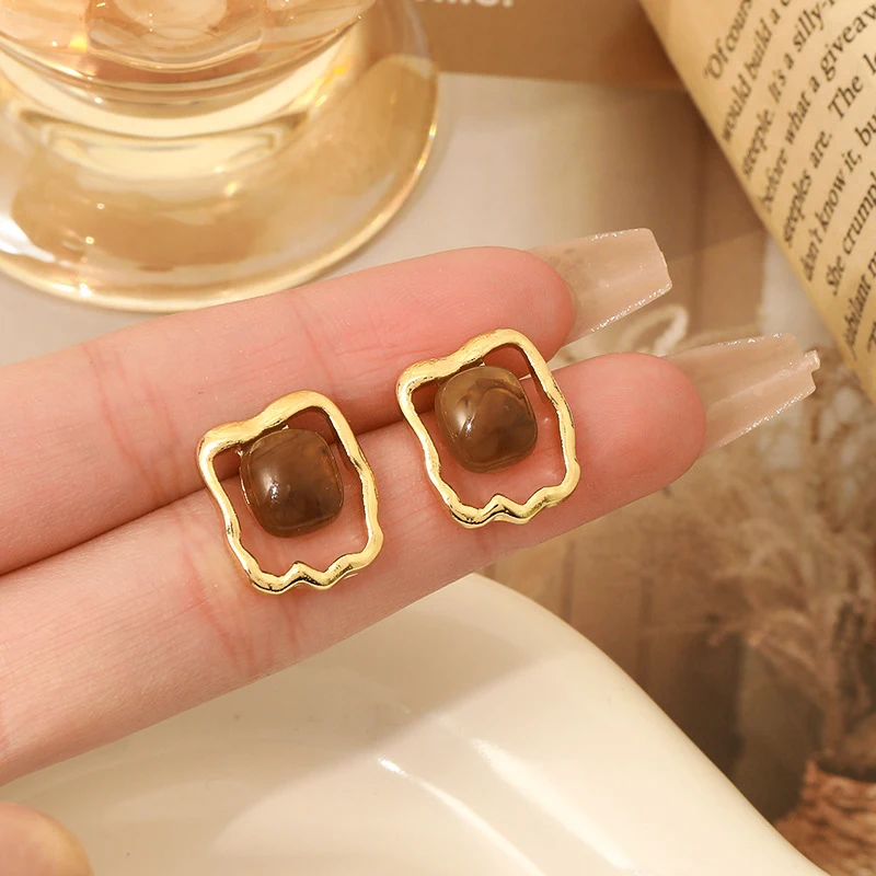 

Retro Irregular Metal Frame Brown Square Stud Earrings for Women New Fashion Trend Simple Personalized Girls Party Jewelry Gift