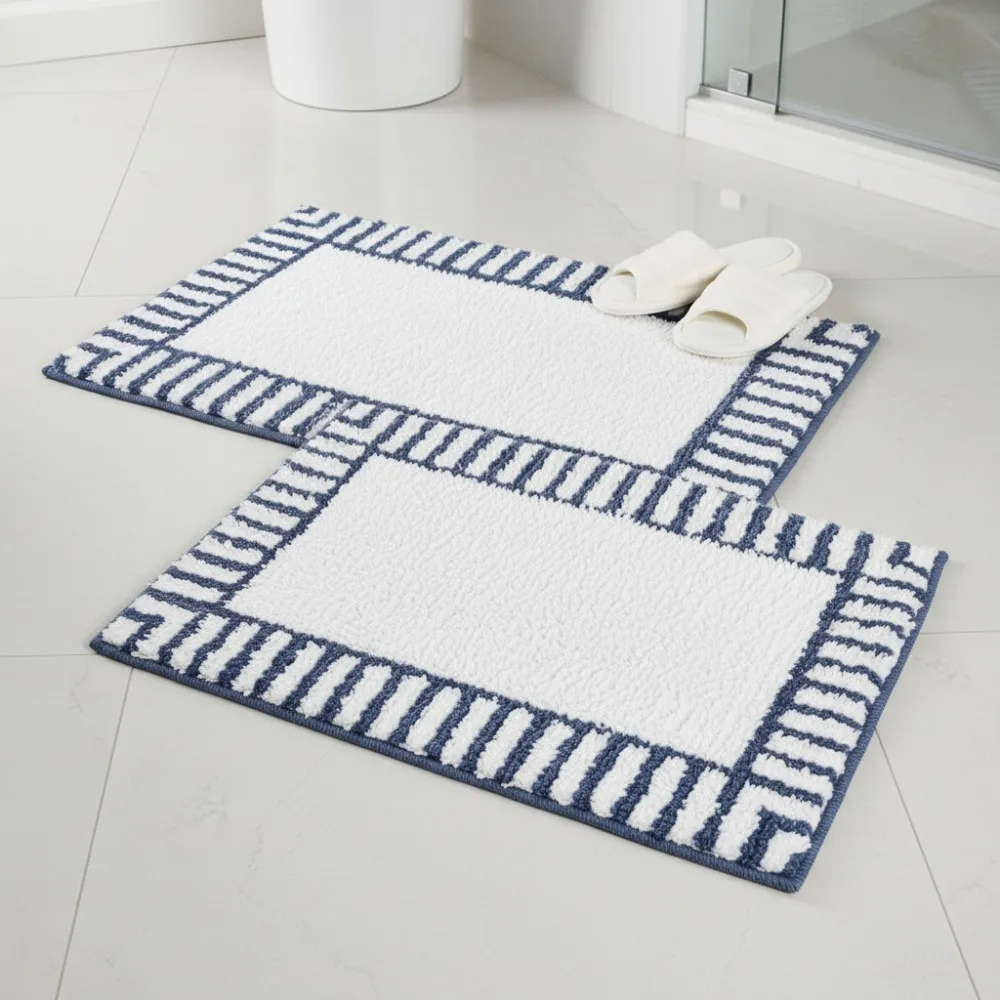 

Fluffy Bath Rug Set, Non-Slip Machine Washable Shag Mats for Bathroom Kitchen Decor, 2-Piece White Navy Blue