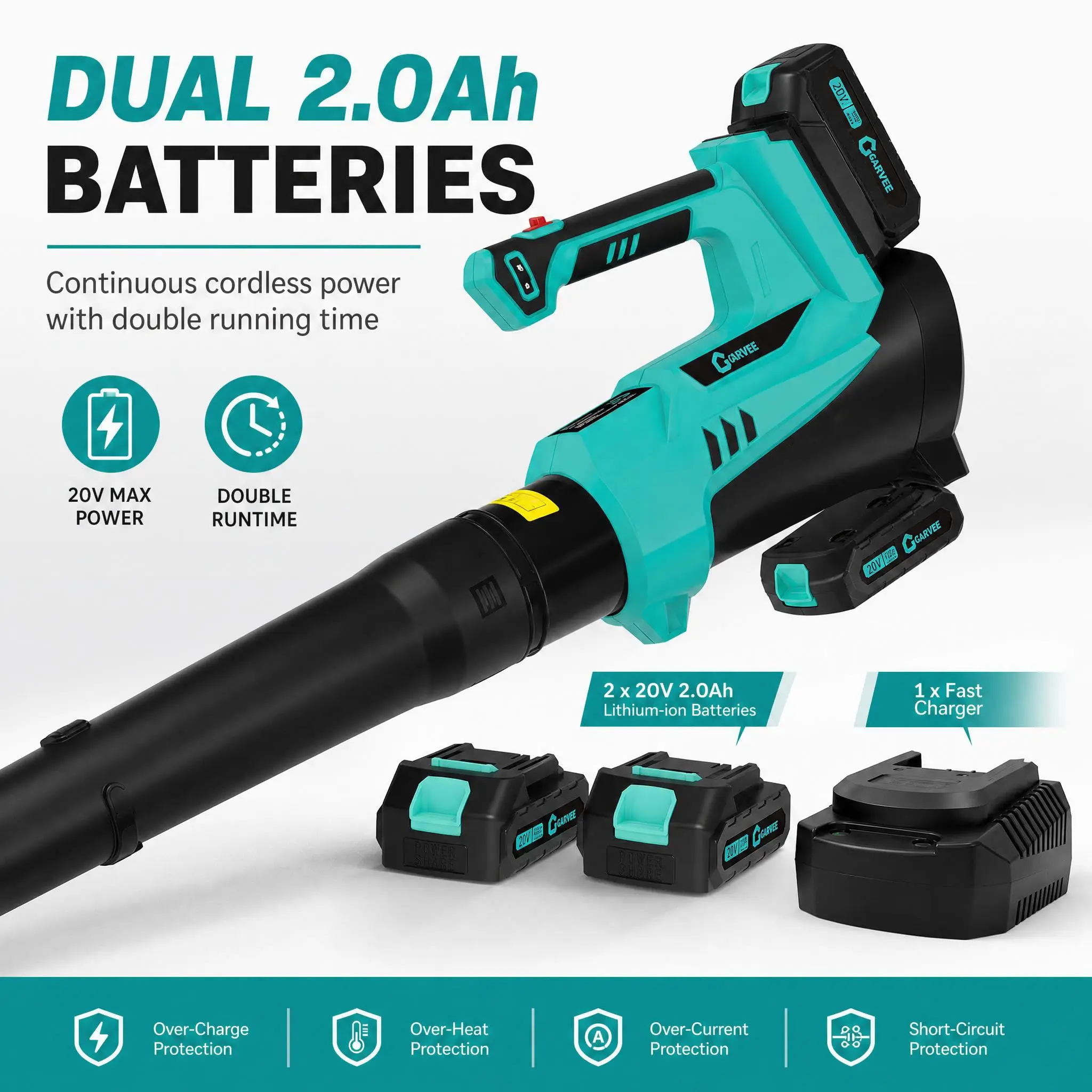 Powerful Cordless Leaf Blower 20V/21V – 550CFM 150MPH, 6-Speed, Leaf Blower Cordless with 2×2.0Ah Batteries & Charger, Lightweight Electric Lawn & Yard Blower for Wet/Dry Leaves