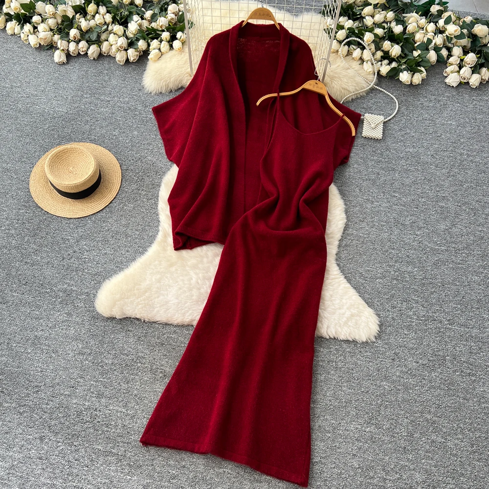 

ALPHALMODA 2025, Bat Sleeved, Cozy Knitted Cardigan Jacket + Sling Dress, Women 2pcs Leisure Suit