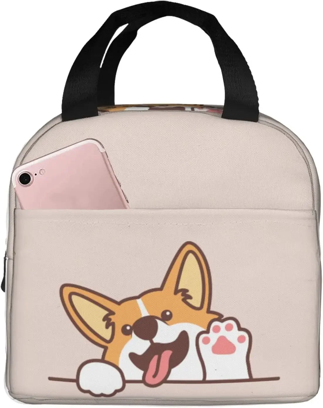 Cute Welsh Corgi Dog Waving Paw Insulated Lunch Box Reusable Bento Bag Meal Portable Container Tote for School Work Picnic