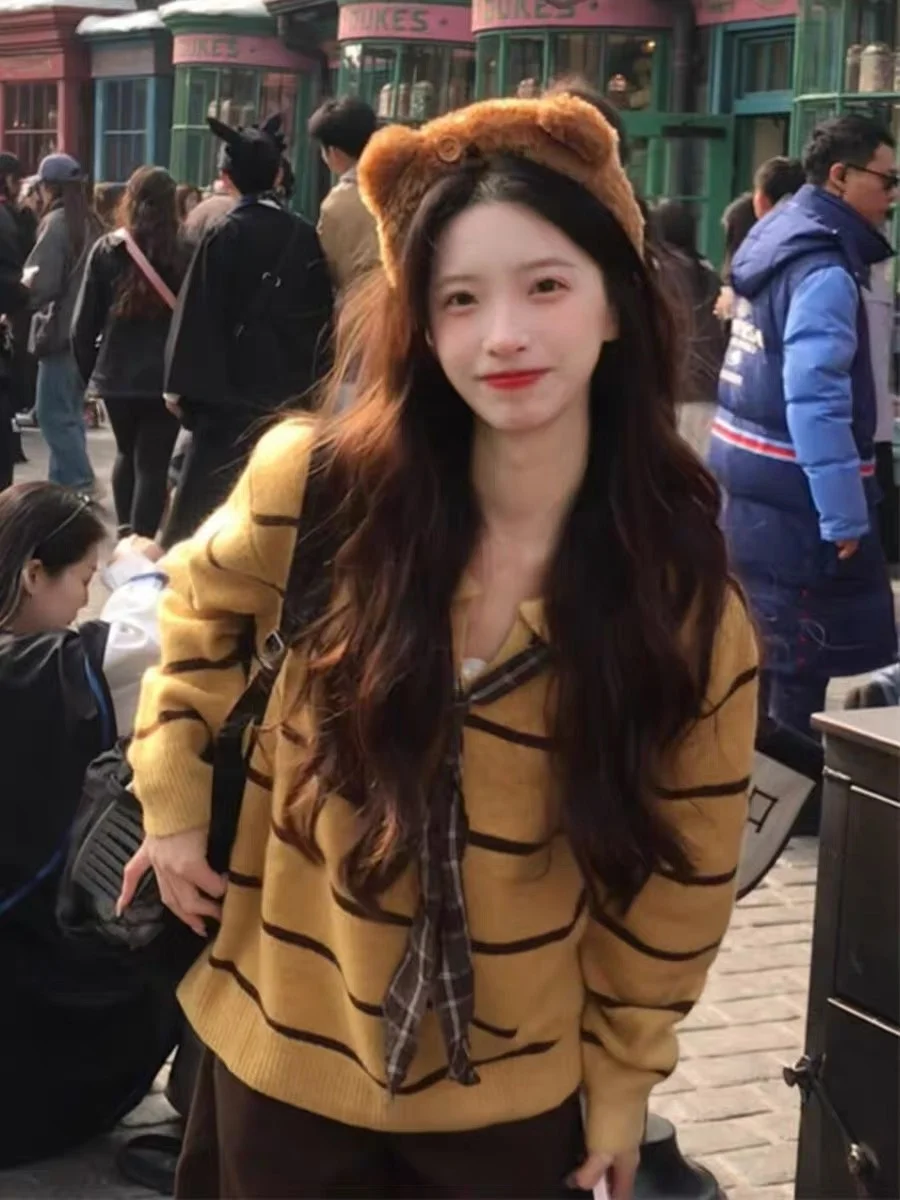 

Корейский женский вязаный свитер в полоску в стиле ретро, свободный крой, осенне-зимняя повседневная одежда, удобный длинный све