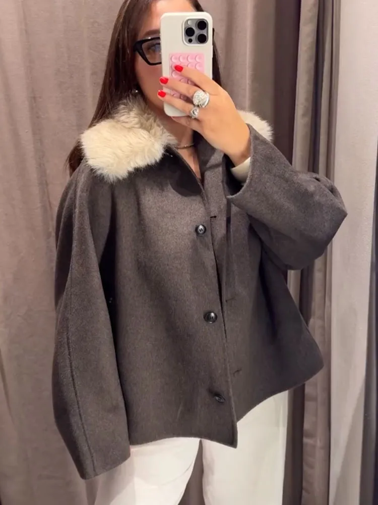 HH otoño mujer elegante piel sintética efecto escote botón bolsillos decorar abrigo mujer solapa manga larga chaqueta suelta estilo callejero