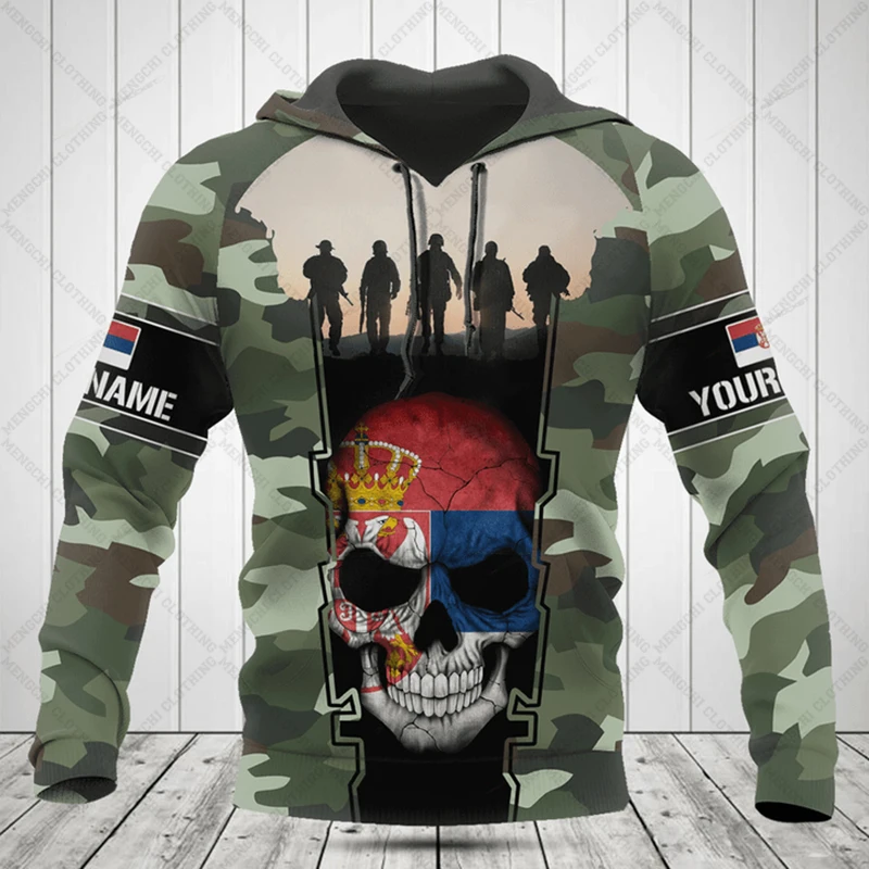 Custom Name Serbia Camo Skull Pattern Hoodies Winter Loose Fashion Sweatshirts Casual Daily Clothing Oversized Streetwear