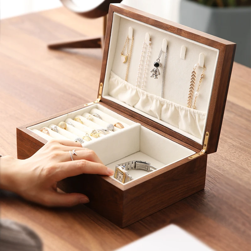 

Walnut high-end jewelry box wedding light luxury delicate earrings necklace flannel yellow gold minimalist Japanese storage box