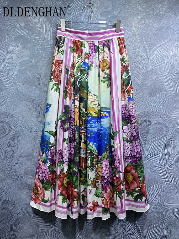 DLDENGHAN Summer Cotton Long Skirt Women\'s High Waist Flower Print Vintage A-Line Skirt Fashion Designer New