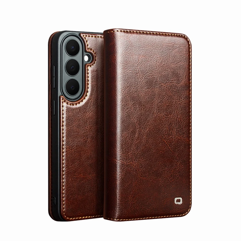 Qialino Luxury Genuine Leather Phone Case For Samsung Gaxaly S26 FE S25 S24 + Ultra Stylish Handmade Flip Cover With Card Slots