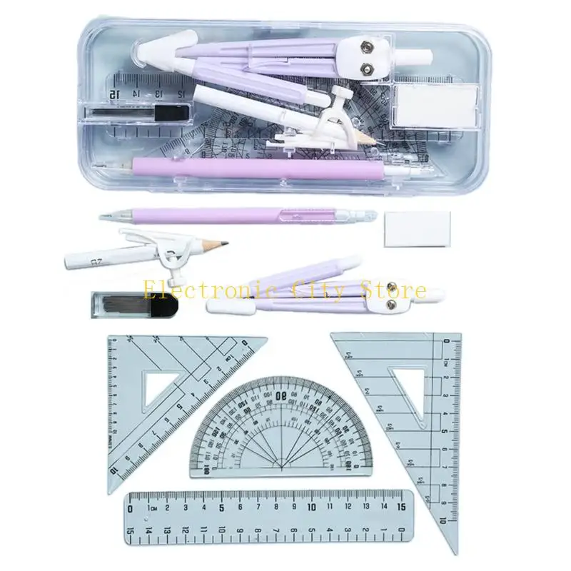9Piece and Ruler Technical Drawing Set With Non Slip Grips Plastic Tools HU8D