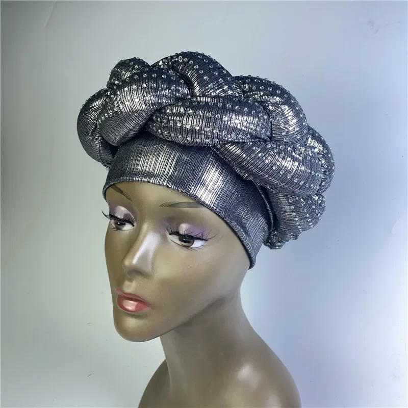 Latest Shinning Sequins Turban Cap for Women Ready Female Head Wraps African Auto Geles Aso Oke Headtie Already Made Headties 9L