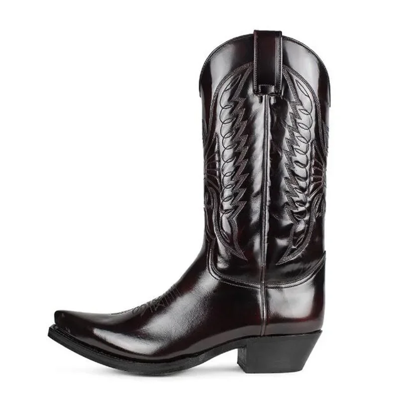 Cowboy Men Women Country Vintage Knight Western Motorcycle Boots Leather Embroidered Pointed Toe Mid Calf Work Shoes Comfortable view 5