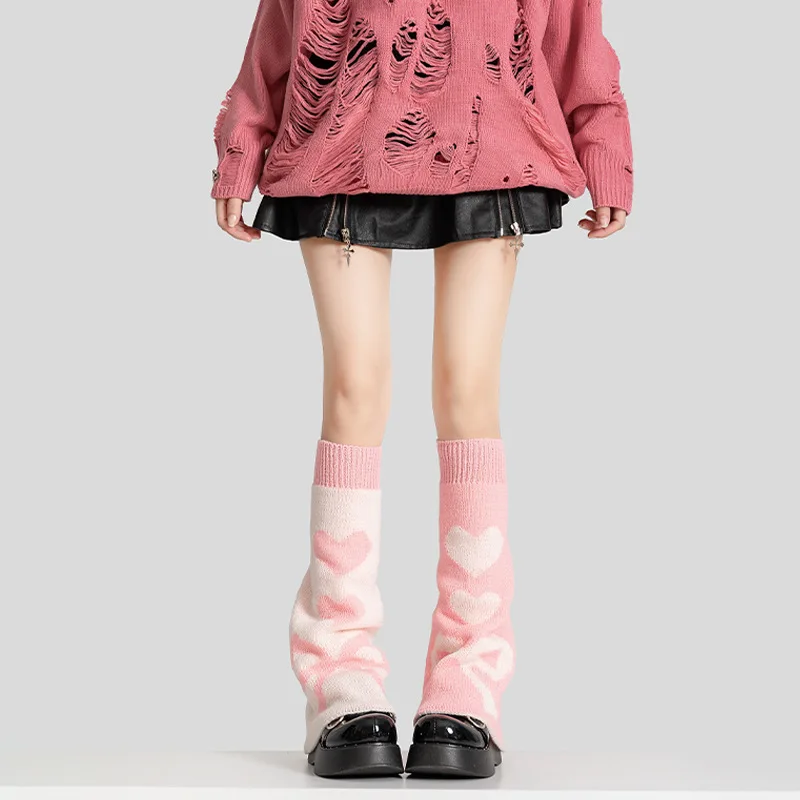 Red Heart-shaped Wide Leg Sock Covers for Winter Warmth, Knitted Wide Leg JK Girls' Trendy Matching with Warm Foot Covers