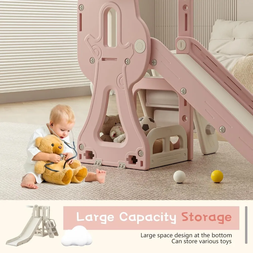 Children's Play Slide with Storage and Anti-Slip Steps, Outdoor and Indoor Climbing and Basketball Playset with Extendable Featu