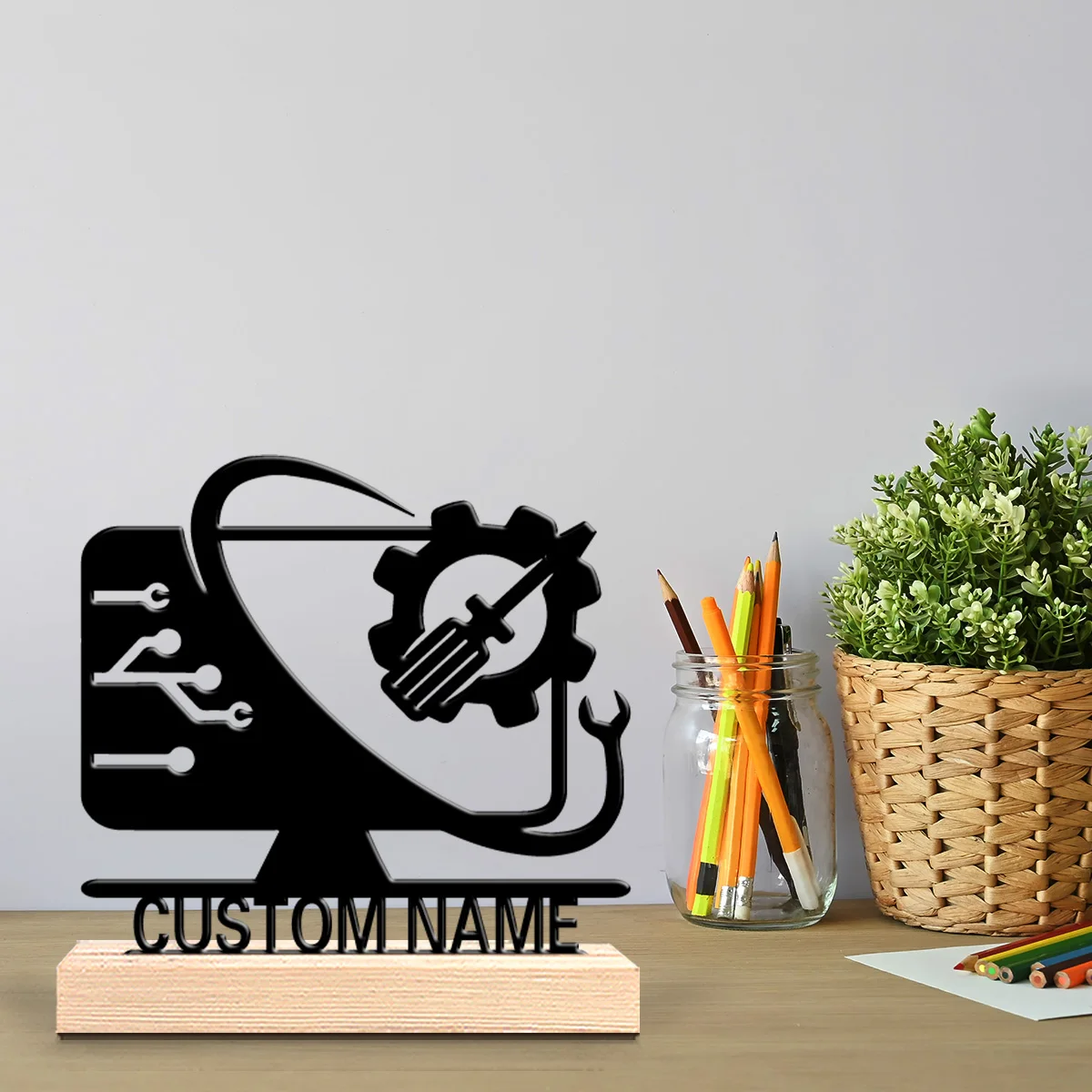 1 قطعة تكنولوجيا مخصصة رومانسية للاتصال العالمي تماثيل معدنية ديكور علمي بقاعدة خشبية، مثالية لـ Cl