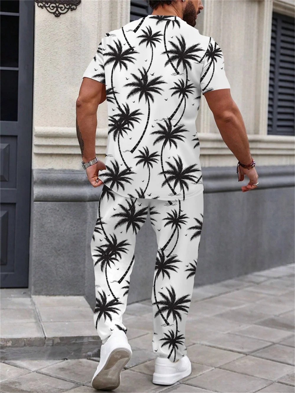 Summer Men\'s Short Sleeve and Pants Black and white coconut tree print Hawaiian Vacation Style Summer Short Sleeve 2 piece set