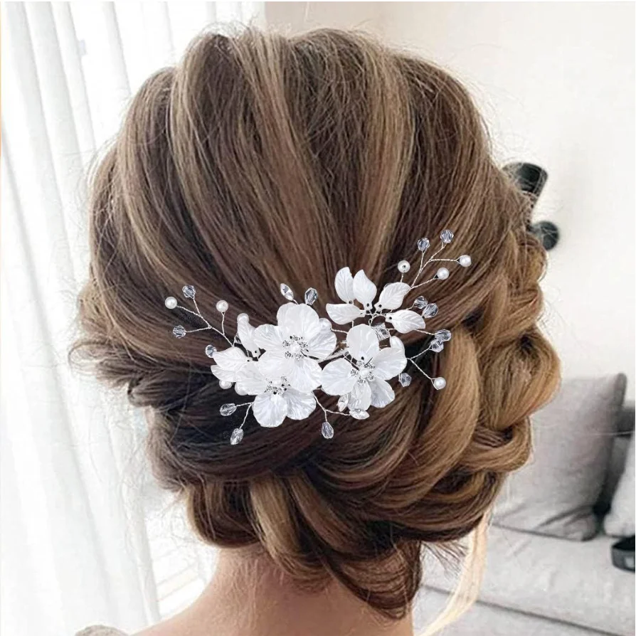 Luxury Bridal Pink Flower Hair Clip Handmade Pearl Crystal Hair Accessory Wedding Party Floral Hair Barrette for Women image 4