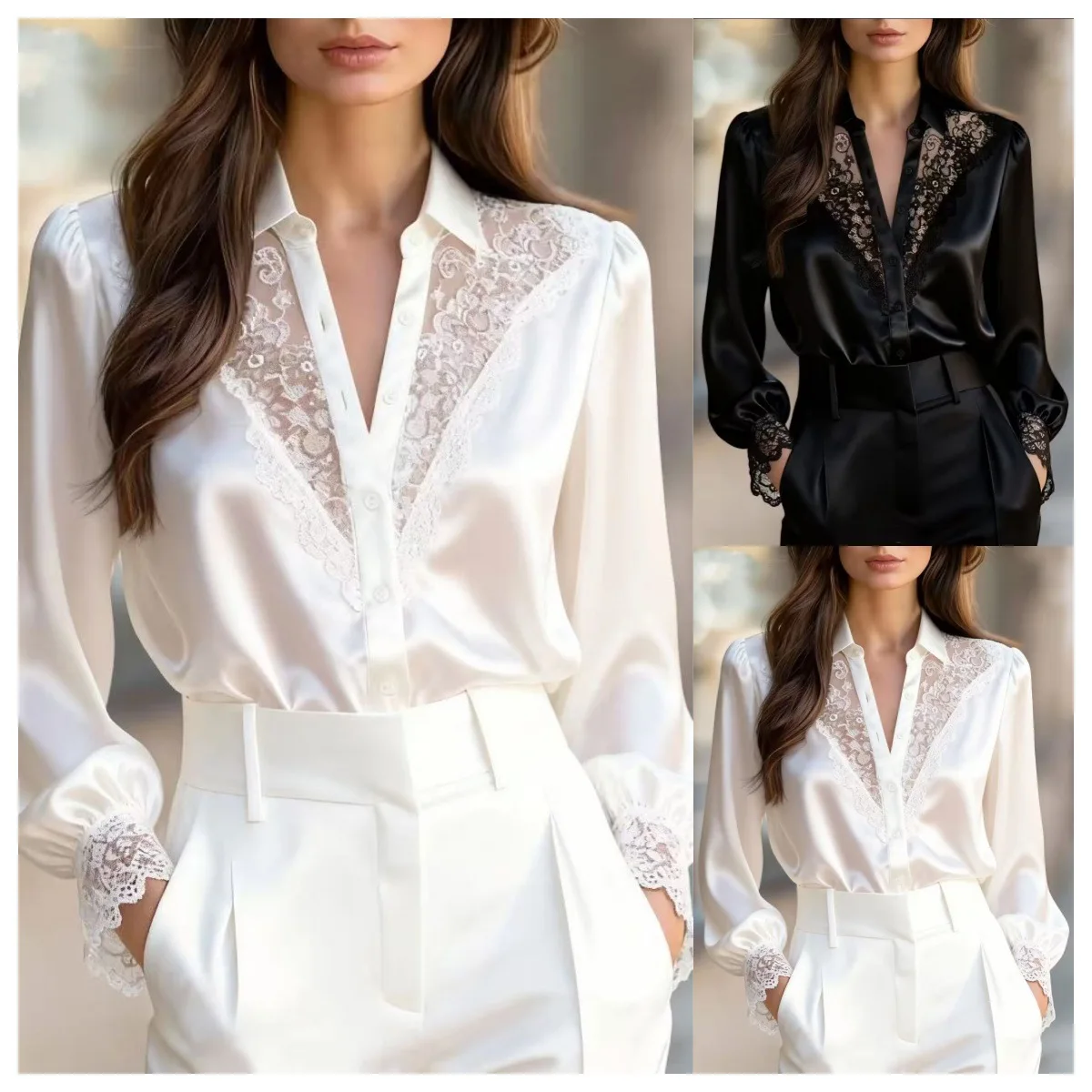 

2026 New Spring Autumn Lace V Neck Bubble Sleeve Blouse For Women Unique Minimalist Design Casual Fashion Shirt Top