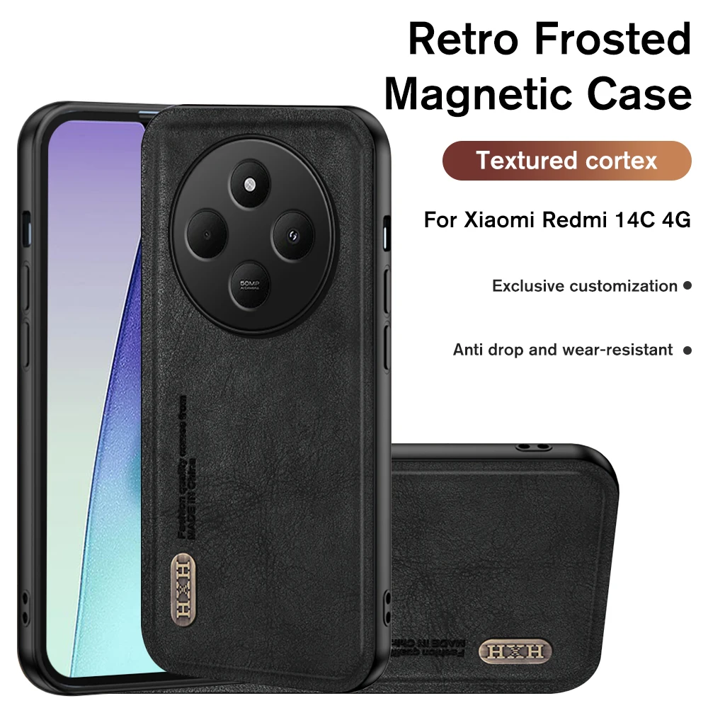 Redmi14C Case Magnetic Holder Retro Leather Texture Phone Cover For Xiaomi Redmi 14C 14 C C14 Redmi14C 4G Camera Protector Shell