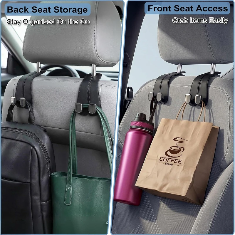 2-in-1 Auto-Kopfstützenhaken Universelle Doppelhaken-Aufhänger für Handtaschen, Lebensmittelflaschen, Auto-Innenraum-Organizer – Detail 3