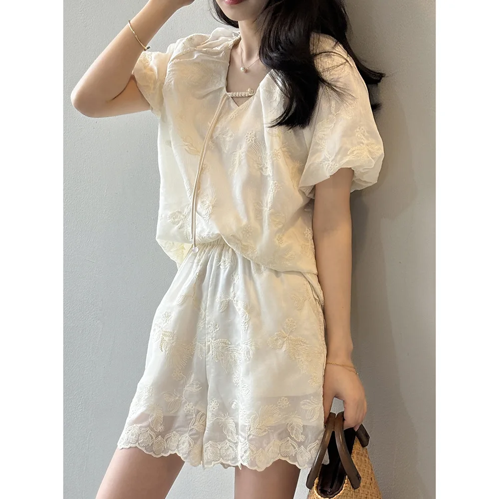 

Women Clothes Chinese Style Embroidery Bubble Sleeve V Neck Shirt 2024 Summer New Girls Shorts Top Fashion Casual Two Piece Set